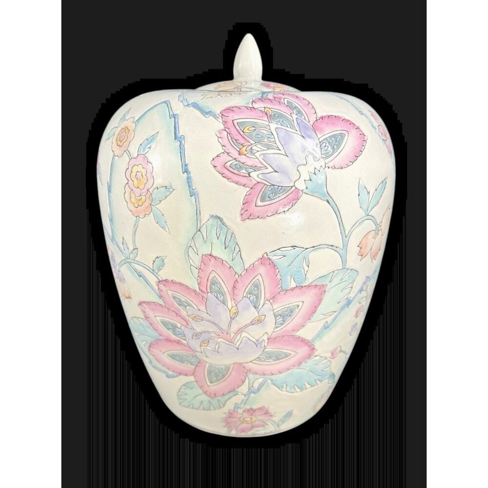 Vtg WFBI Chinese 10" Porcelain Lidded Ginger Jar Vase Lotus Flower Enamel Finish